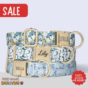 Blue Floral Dog Collars Female Dog Collar Flowers Dog Collar With Name Personalized Dog Collar Engraved Name Pet Collar Gift Spring PP-319