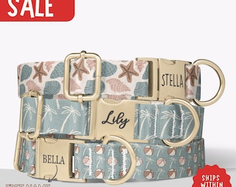 Beach Dog Collar Personalized Girl Dog Collar with Engraved Name Coastal Seashell Dog Collar Leash Set Girl Dog Collar Nautical  PP-183