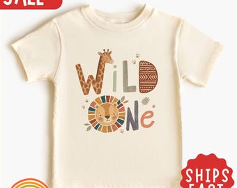 Maglietta Wild One per bambini, maglietta Safari per il primo compleanno, maglietta con leone e giraffa per il primo compleanno del bambino, regalo di compleanno a tema giungla per bambini