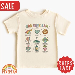 God zegt dat ik ben shirt voor peuter, leuke christelijke affirmatie kindert-shirt, bijbelvers meisje shirt, zondagsschool geloof T-shirt, schrift kinder T-shirt