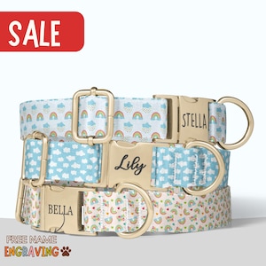 Rainbow Floral Dog Collar Personalized Cloud Dog Collar Engraved Name Dog Collar Girl Dog Collar Boy Matching Set Small  Large Dog PP-53