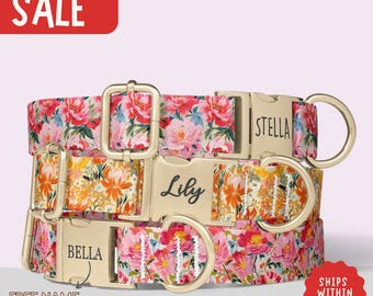 Personalized Dog Collar Vintage Roses Floral Dog Collar for Girl Custom Engraved Collar with Name Matching Leash Set Dog Gift PP-337