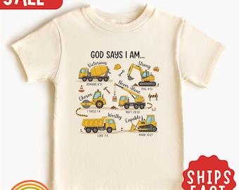 Maglietta per bambini "Dio dice che io sono", maglietta per bambini con versetto biblico sulle costruzioni, maglietta cristiana per bambini con camion, regalo per bambini per la scuola domenicale a tema fede.