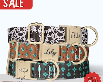Personalized Tribal Dog Collar & Leash Set: Southwestern Cow Print, Engraved Buckle