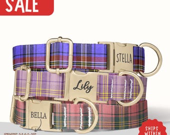 Plaid Dog Collar Personalized Dog Collar with Name Engraved Dog Collar Purple Pink Tartan PP-377