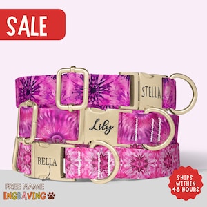Pink Tie Dye Dog Collar Custom Name Dog Collar Matching Leash Set Retro Pink Dog Collar Engraved Collar with Name PP-406