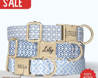 Diamond Dog Collar Personalized Chevron Dog Collar Name Engraved Collar Blue Dog Collar Boy Matching Set Small Medium Large Dog Gifts PP-219