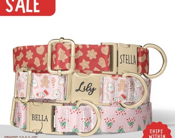 Pink Christmas Dog Collar Gingerbread Personalized Dog Collar with Name Candy Cane Christmas Dog Collar Engraved Christmas Puppy Gift PP-384