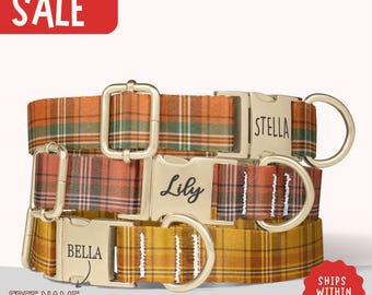 Fall Plaid Dog Collar Personalized Fall Scottish Tartan Dog Collar Leash Set Collar Girl Dog Engraved Name Dog Collar Boy Name Collar PP-378