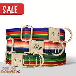 Mexican Serape Dog Collar with Name Southwest Dog Collar with Engraved Metal Buckle Striped Dog Collar for Small Medium Dog Collars PP-93