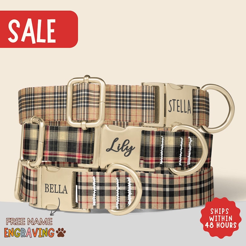 Plaid Dog Collar Personalized Scottish Tartan Dog Collar Leash Set Collar for Male Dog Engraved Name on Dog Collar Boy Custom Name Collar