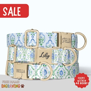 Blue Chinoiserie Dog Collar Personalized Floral Toile Dog Collar with Name Blue White Girl Dog Collar Leash Set Flower Dog Collar  PP-438