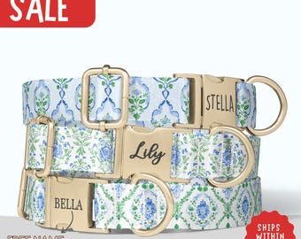 Blue Chinoiserie Dog Collar Personalized Floral Toile Dog Collar with Name Blue White Girl Dog Collar Leash Set Flower Dog Collar  PP-438