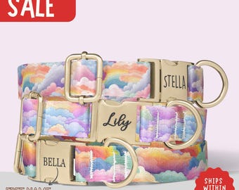 Rainbow Dog Collar Retro Girly Puppy Collar With Name Cloud Dog Collar Engraved Name Pet Collar Gift PP-181