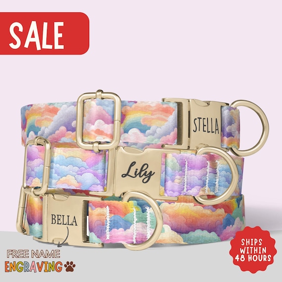 Rainbow Dog Collar Retro Girly Puppy Collar With Name Cloud Dog Collar Engraved Name Pet Collar Gift PP-181