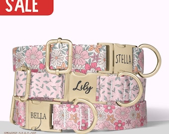 Pink Floral Dog Collar Personalized Girl Dog Collar with Engraved Name Boho Floral Print Dog Collar Leash Set Small Medium Large Puppy PP-32