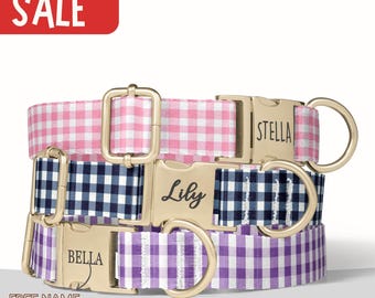 Gingham Dog Collar Personalized Check Dog Collar Plaid Dog Collar With Name Engraved Collar Leash Set Collar  Small Medium Dog Collar PP-78