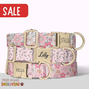 Pink Floral Dog Collar Personalized Girl Dog Collar with Engraved Name Boho Floral Print Dog Collar Leash Set Small Medium Large Puppy PP-32