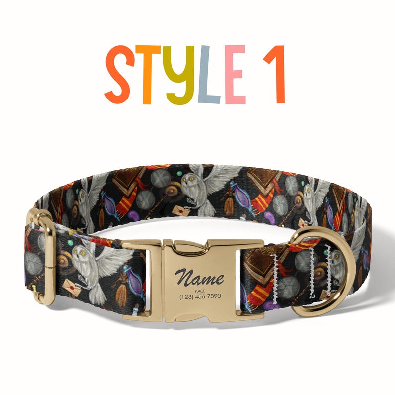A colorful dog collar with a pattern of owls and other animals, featuring a gold buckle and nameplate.