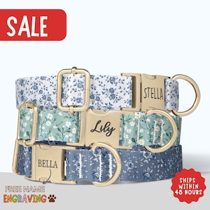 Blue Floral Dog Collar Personalized Dog Collar with Name Girl Dog Collar Cottage Floral Dog Collar Leash Set Engraved Dog Collar Gift PP-212