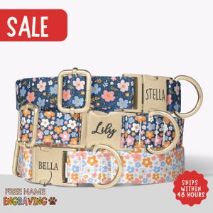 Blue Floral Dog Collars Personalized Flower Dog Collars Leash Set Engraved Dog Collar With Name Girl Dog Gift Custom Dog Collar Gift PP-246