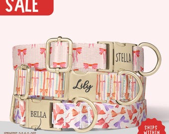Girly Dog Collar Girl Pink Bows Dog Collar Multiple Color Personalized Dog Collar Engraved Puppy Name Leash Set Pink Collar Gift PP-398