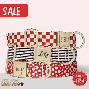 Red Dog Collar Personalized Striped Dog Collar with Name White Daisy Dog Collar Red Metal Buckle Dog Collar Leash Collar Gift Dog PP-175
