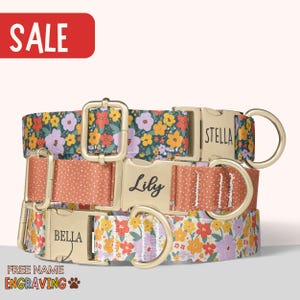 Boho Floral Dog Collar Personalized Peach Floral Dog Collar Engraved Name Cottagecore Floral Girl Dog Collar Matching Set Gift For Dog PP-41