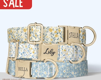 Cottage Floral Dog Collar Personalized Blue Yellow Dainty Flowers Dog Collar with Name Engraved Dog Collar Girl Dog Collar Boy Set PP-55