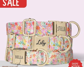 Floral Dog Collar Personalized Pink Girl Dog Collar with Engraved Name Pastel Dog Collar Leash Set  Girl Dog Collar Small Medium Dog PP-240