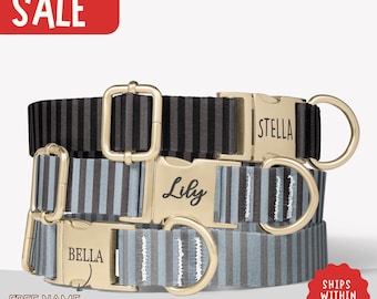 Gray Stripe Dog Collar Personalized Dog Collar with Name Engraved Dog Collar With Leash Black Gray PP-418