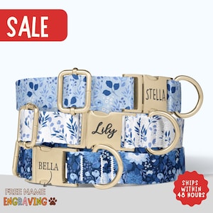 Blue Floral Dog Collar Personalized Girl Dog Collar with Engraved Name Dog Collar Leash Set Girl Dog Collar Small Medium Dog PP-218