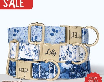 Blue Floral Dog Collar Personalized Girl Dog Collar with Engraved Name Dog Collar Leash Set Girl Dog Collar Small Medium Dog PP-218