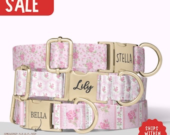 Preppy Pink Floral Dog Collar Custom Engraved Rose Print Dog Collar Shabby Chic Dog Collar With Name Chinoiserie Dog Collar Leash Set PP-440