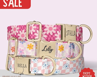 Daisy Dog Collar Floral Personalized Retro Groovy Dog Collar With Name Engraved Dog Collar Leash Set Dog Gift New Puppy Floral Collar PP-259