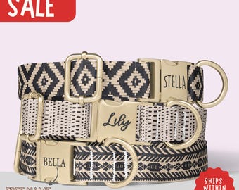 Geometric Dog Collar Personalized Black White Tribal Dog Collar with Name Modern Aztec Girl Boy Dog Collar Leash Set Engraved Collar PP-256
