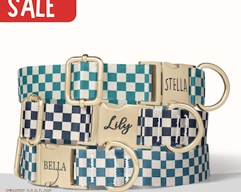 Checkerboard Dog Collar Engraved Dog Collar Gingham Blue Dog Collar with Name Dog Collar Girl Boy Matching Leash Set Small Medium Dog PP-22