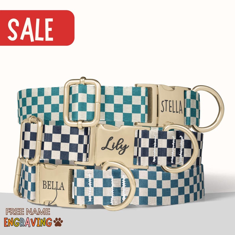 Checkerboard Dog Collar Engraved Dog Collar Gingham Blue Dog Collar with Name Dog Collar Girl Boy Matching Leash Set Small Medium Large Dog