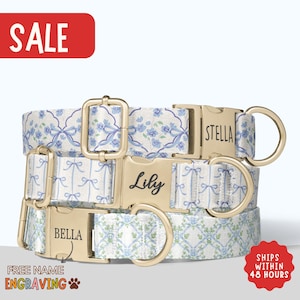 Blue Bow Dog Collar Personalized Floral Dog Collar with Name Cottage Garden Girl Dog Collar Leash Set Engraved Name Pet Collar Gift PP-164