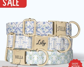 Blue Bow Dog Collar Personalized Floral Dog Collar with Name Cottage Garden Girl Dog Collar Leash Set Engraved Name Pet Collar Gift PP-164