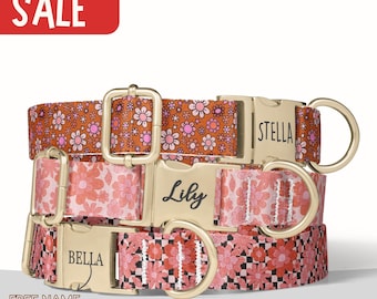 Retro Daisy Dog Collar Personalized 70s Floral Dog Collar with Name Engraved Daisy Checker Dog Collar Girl Dog Collar Boy Leash Set PP-77