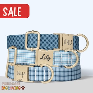 Blue Plaid Dog Collar Personalized Blue Checkered Dog Collar Matching Leash Set Boy Dog Collar With Name Puppy Engraved Collar PP-48