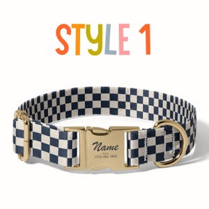 a black and white checkered dog collar with a name plate