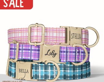Plaid Dog Collar Personalized Tartan Dog Collar with Name Engraved Pet Dog Collar Girl Dog Collar Boy Matching Set Small  Large Dog PP-81