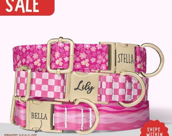 Pink Color Dog Collar Personalized Pink Pattern Flower Name Girl Dog Collar with Engraved Buckle Collar Leash Set Pink Checker Collar PP-139