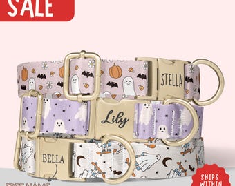 Lindo collar para perro de Halloween, collar personalizado de fantasma y murciélago con nombre, collar para perro de niña espeluznante, conjunto de correa a juego, collar para perro grabado PP-435