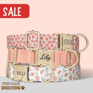 May include: Three dog collars with gold-colored hardware and personalized name plates. The collars feature peach and polka dot patterns in shades of pink and white. The word "SALE" is in a red rectangle in the upper left corner.