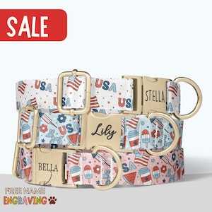 American Flag Dog Collar Personalized USA Patriotic Dog Collar with Name July 4th Dog Collar Girl Boy Dog Collar Leash Set With Buckle PP-31