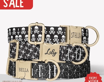 Gothic Skull Dog Collar Personalized Halloween Spooky Dog Collar with Name Skeleton Dog Collar Matching Leash Set Spider Dog Collar PP-389