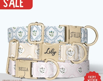 Grandmillennial Dog Collar CottageCore Dog Collar Preppy Floral Botanical Dog Collar with Name Blue Pink Girl Dog Collar Leash Set PP-360